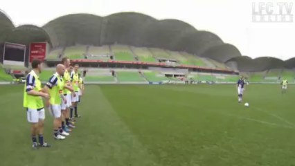 Robbie Fowler strike a long-range free-kick from an unusual view