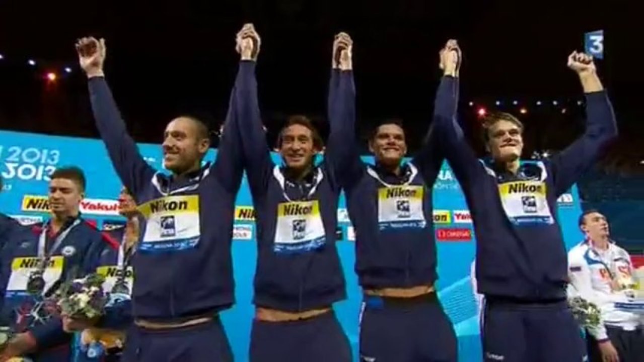 Podium 4x100m NL (H) - ChM natation 2013 (Agnel, Manaudou, Gilot, Stravius)