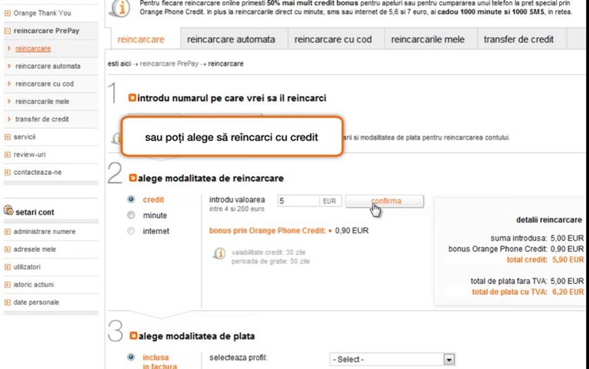 contul tau Orange: cum reincarci un cont PrePay (din cont de abonat)