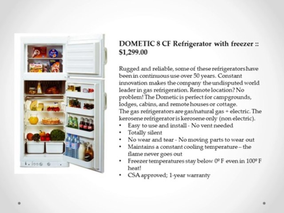 Propane Refrigerator for cabins, RVs, Boats