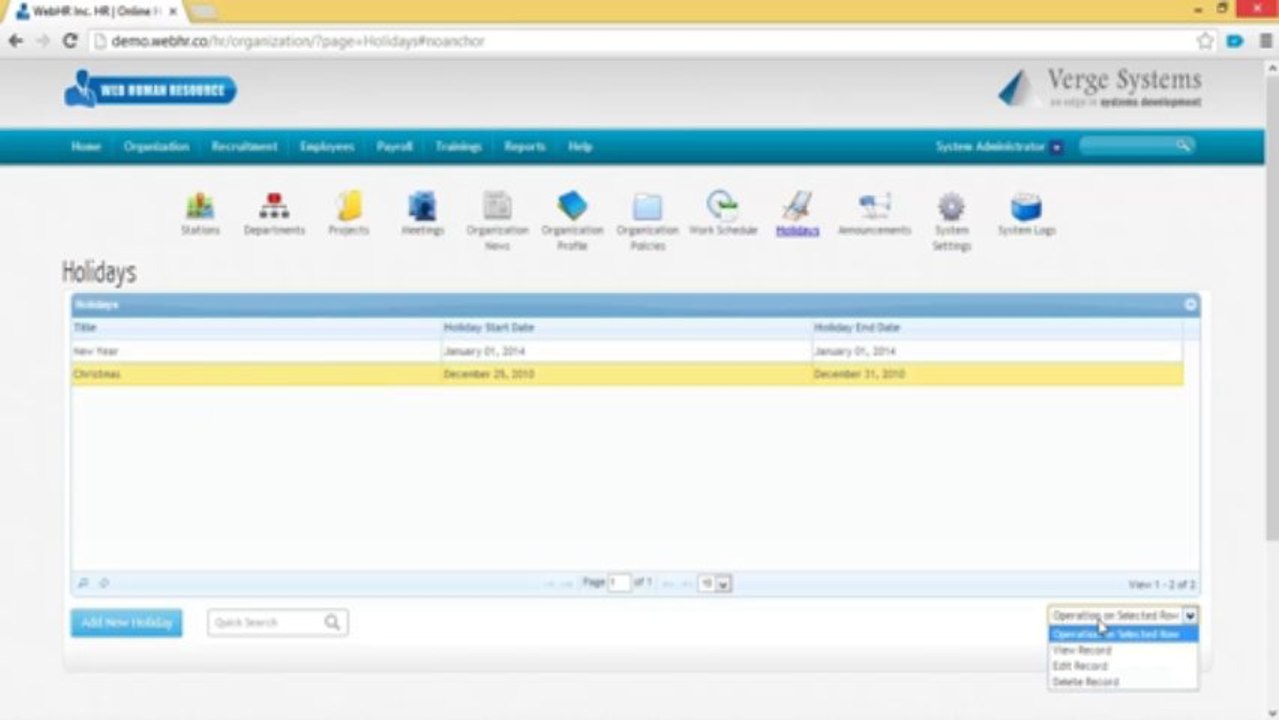 WebHR - Video Tutorials - Organizations - Holidays