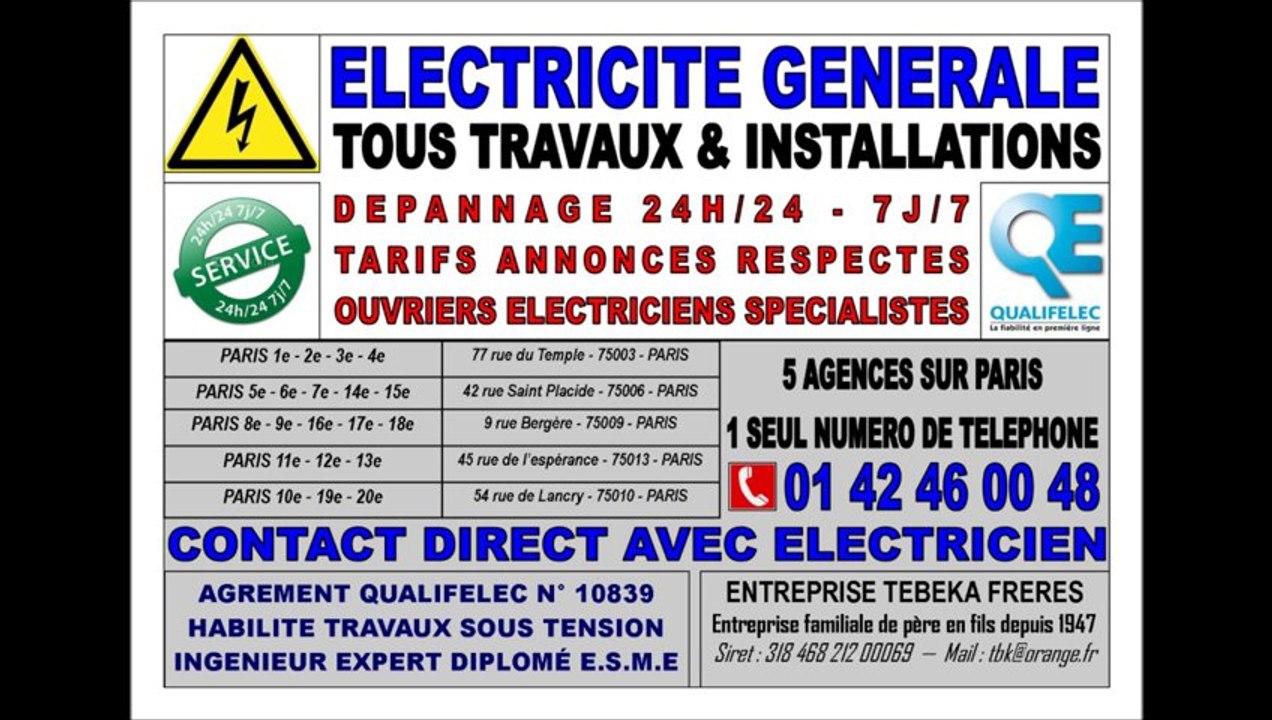ELECTRICIEN DEPANNAGE - TEL: 0142460048 - ELECTRICITE - 24H/24 - DEPANNAGE URGENT IMMEDIAT JOUR ET NUIT