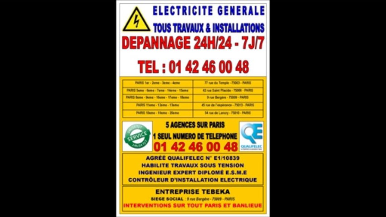 PARIS 15eme -- 0142460048 -- ELECTRICITE 24H/24 -- DEPANNAGE -- CONTACT TELEPHONIQUE DIRECT AVEC ELECTRICIEN