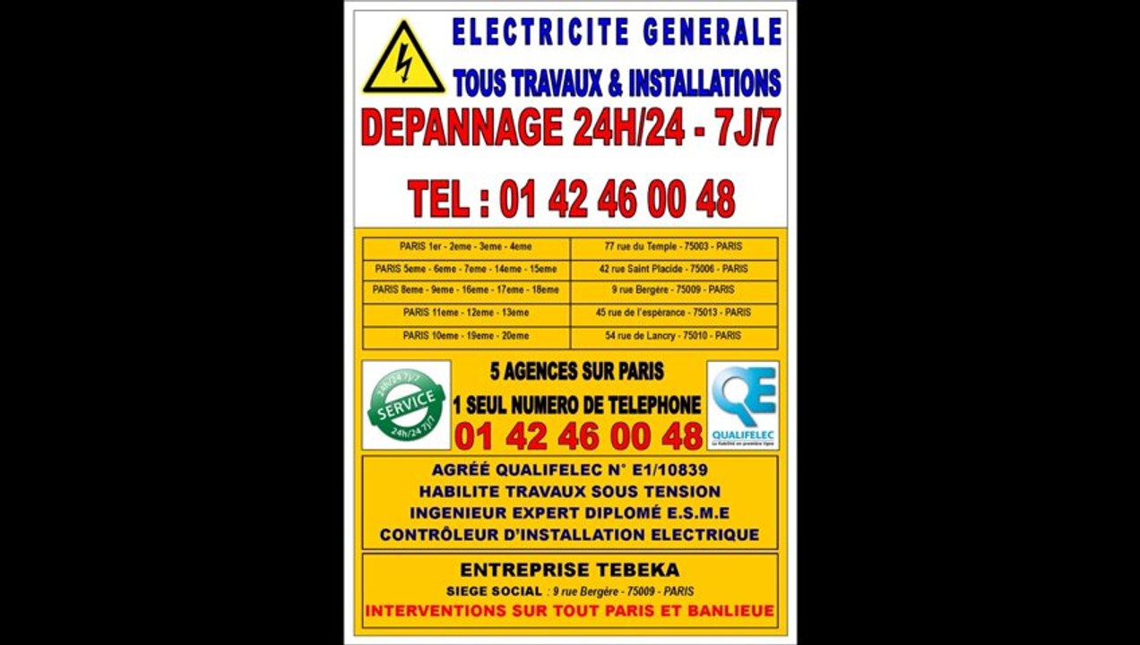 PARIS 9eme -- 0142460048 -- ELECTRICITE 24H/24 -- DEPANNAGE -- CONTACT TELEPHONIQUE DIRECT AVEC ELECTRICIEN
