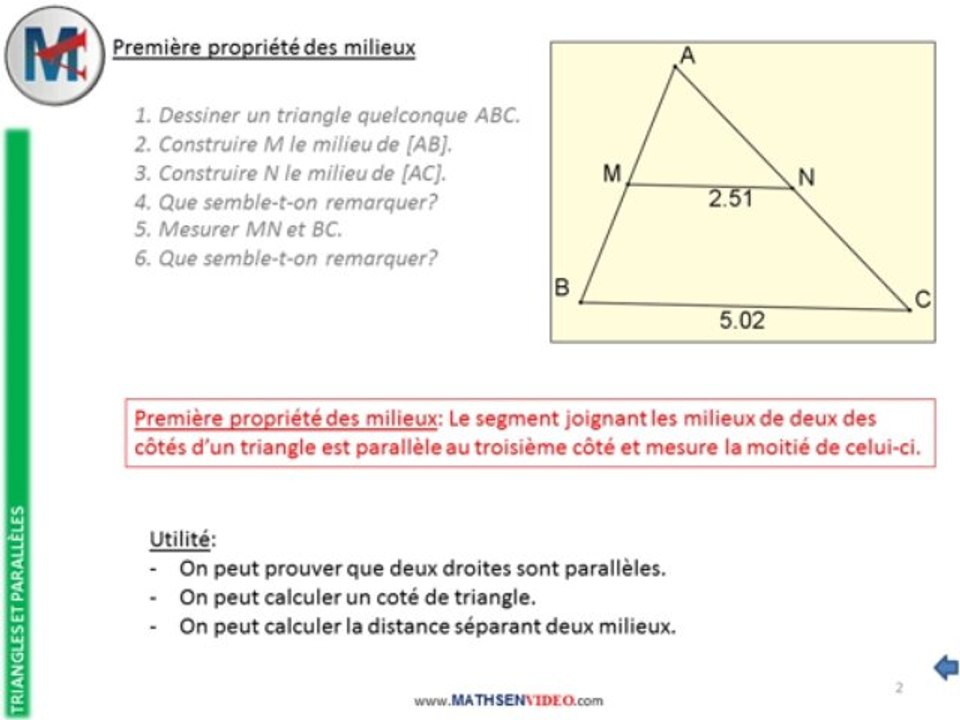 4ème - TRIANGLES ET PARALLELES - Première propriété des milieux