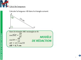 4ème - COSINUS - Calcul de longueurs, Utilisation de la calculatrice