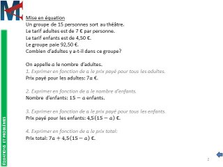 4ème - EQUATIONS ET PROBLEMES - Mise en équation