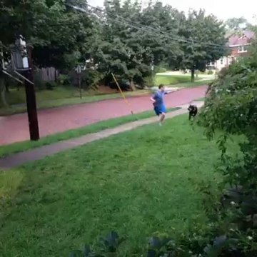 Epic fail!! He's running with his dog and he falls violently on the grass!!