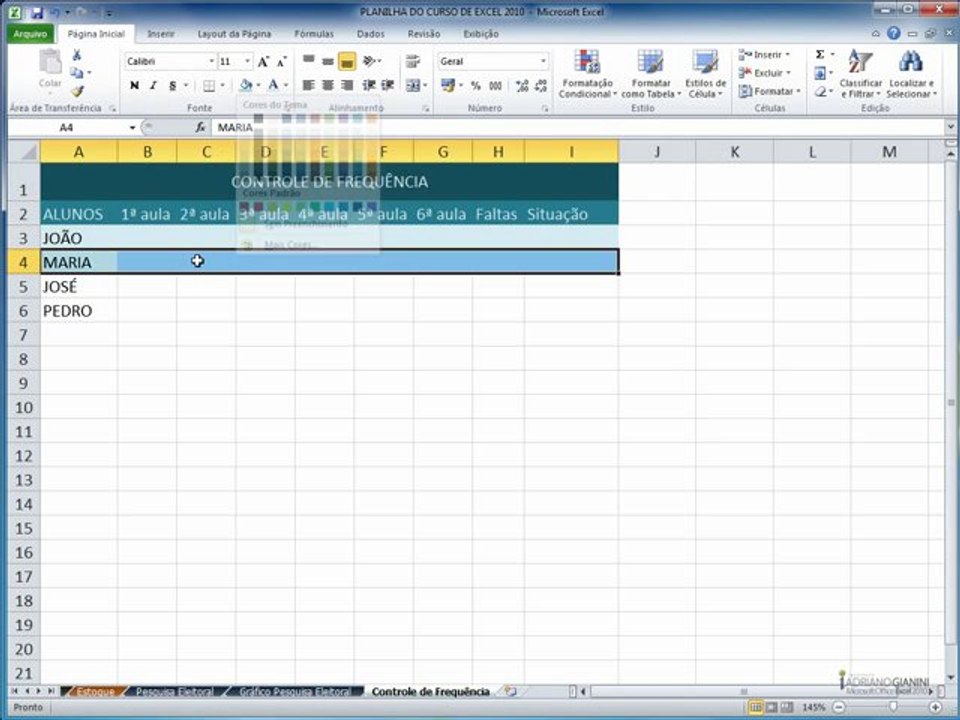 excel2010  CAPÍTULO 8 - AULA 1 Planilha controle de fre
