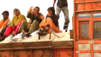 2022.Truck loaded with salt in salt farm of Gujarat