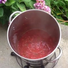 Making garden tomato soup on the back porch.