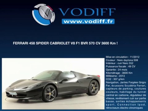 VODIFF : FERRARI OCCASION ALSACE : FERRARI 458 SPIDER CABRIOLET V8 F1 BVR 570 CV 3600 Km !