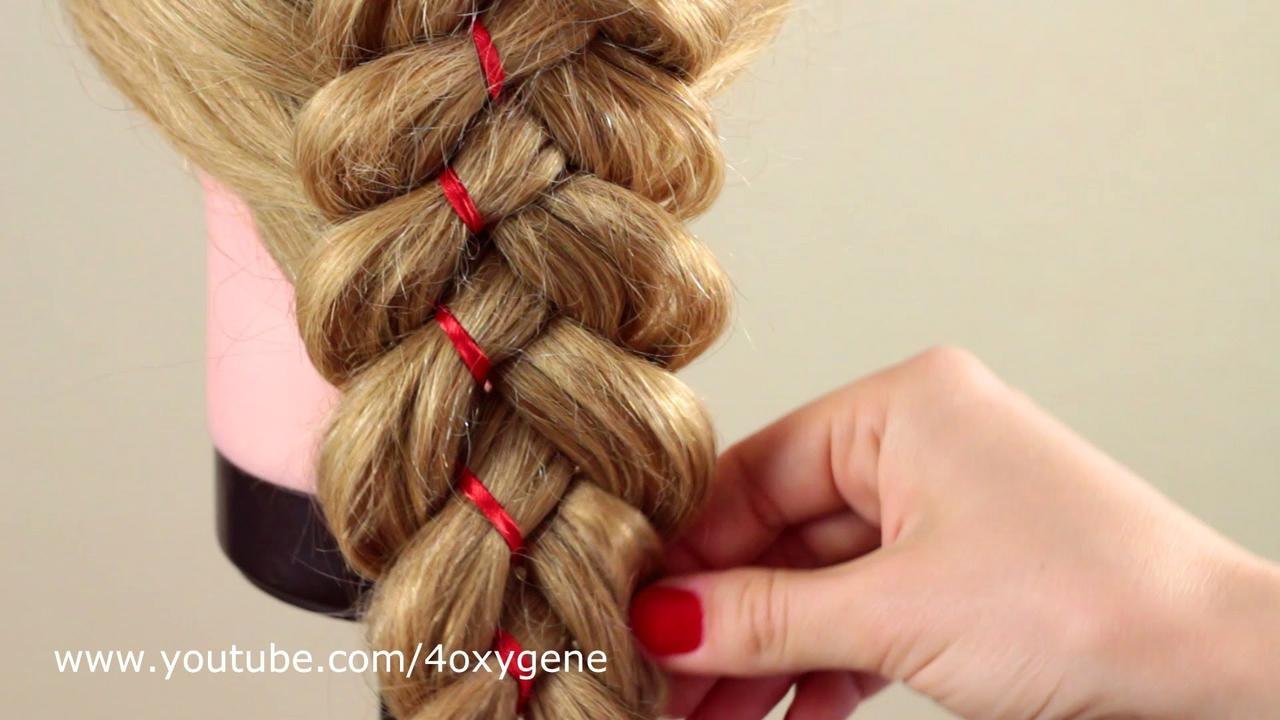 Коса из 5 прядей с лентой. Braid of five strands with ribbon