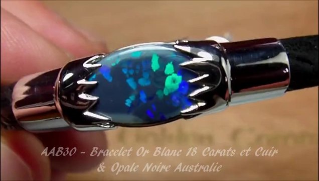 AAB30 - BIJOU OPAL ORION - Bracelet Homme Or Blanc 18 carats, Cuir Fleurus & Opale Noire Australie Shamballa