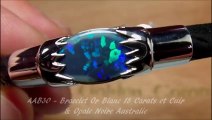 AAB30 - BIJOU OPAL ORION - Bracelet Homme Or Blanc 18 carats, Cuir Fleurus & Opale Noire Australie Shamballa