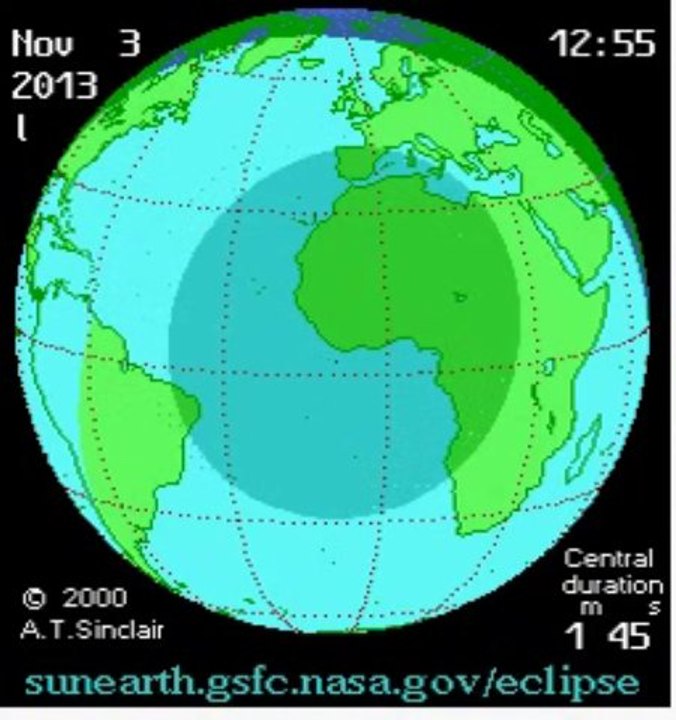 Hybrid Solar Eclipse path, November 3, 2013