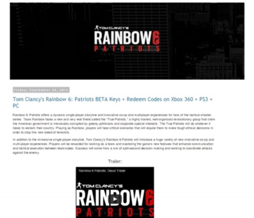 Tom Clancy's Rainbow 6: Patriots BETA Keys + Redeem Codes on PS3