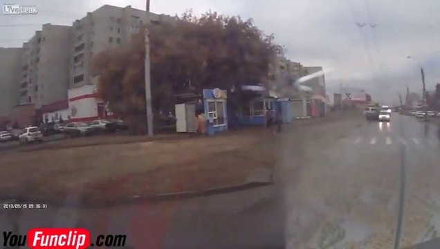 DRIVER LOSING CONTROL OF HIS CAR - ALMOST RUN OVER PEDESTRIAN