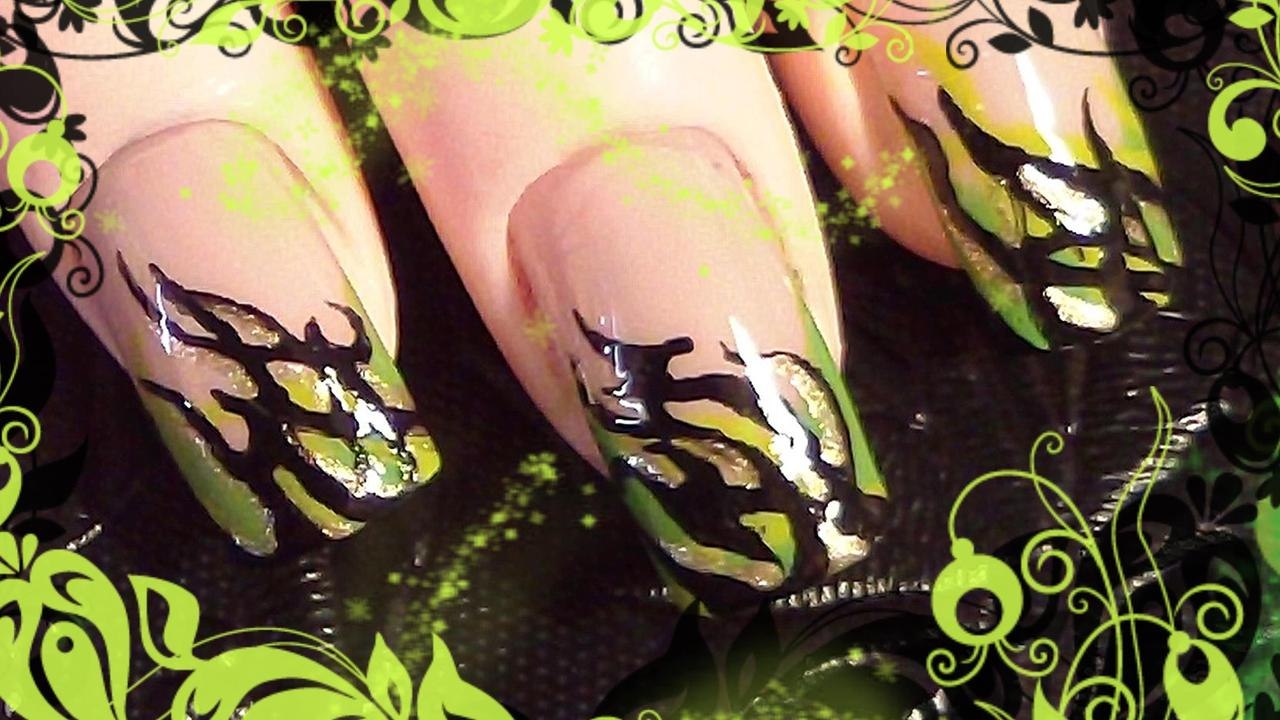 Easy abstract nail art; Green & Black tribal fire tutorial