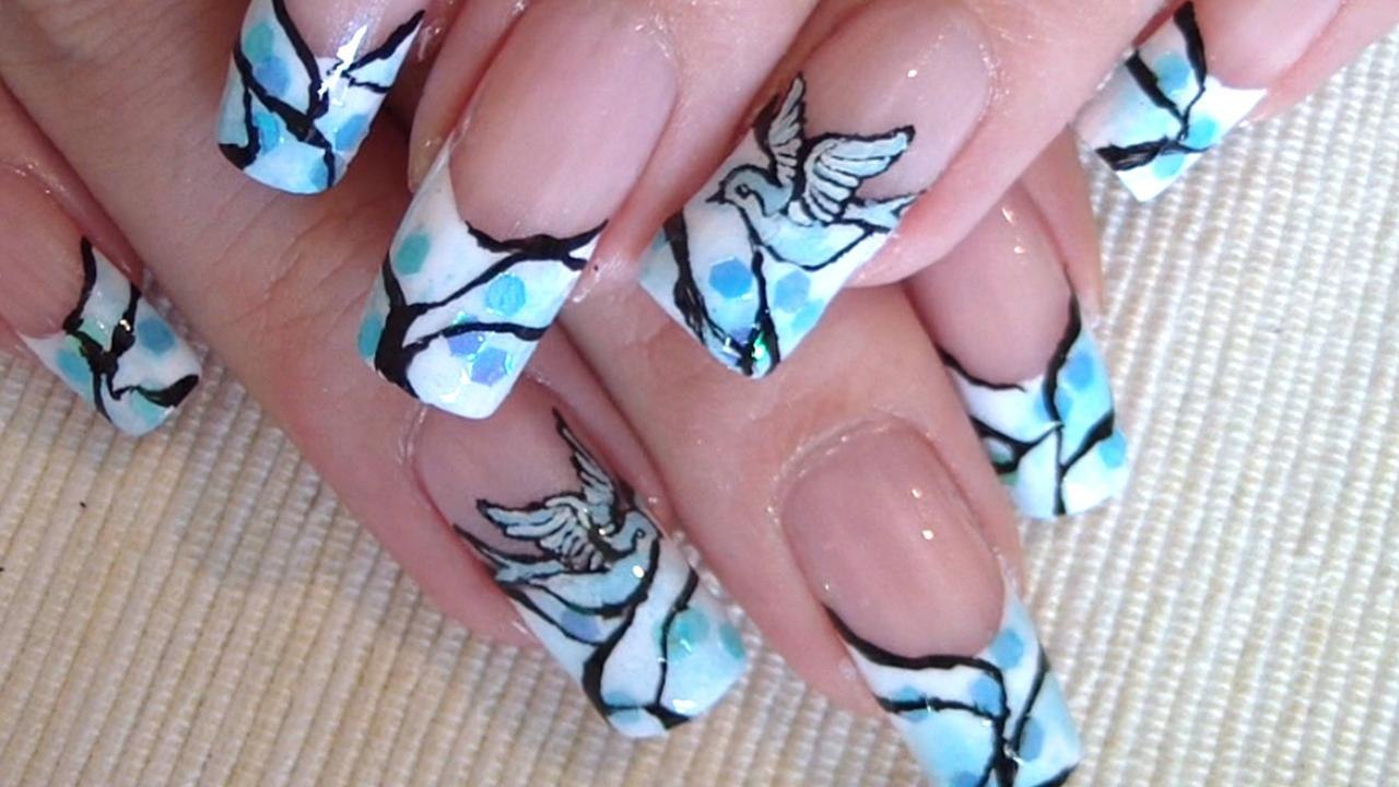 Blue & black abstract swallow - Nail Art Design Tutorial