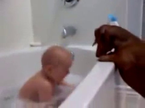 A baby and 2 dogs. Bath time fun. Super cute!