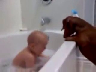 A baby and 2 dogs. Bath time fun. Super cute!
