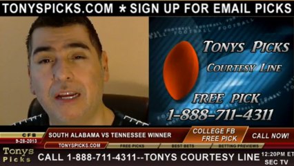 Download Video: Tennessee Volunteers vs. South Alabama Jaguars Pick Prediction NCAA College Football Odds Preview 9-28-2013