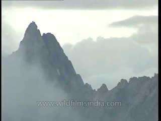 Peaks around Jogin rise up in spires, seen from Rudragaira