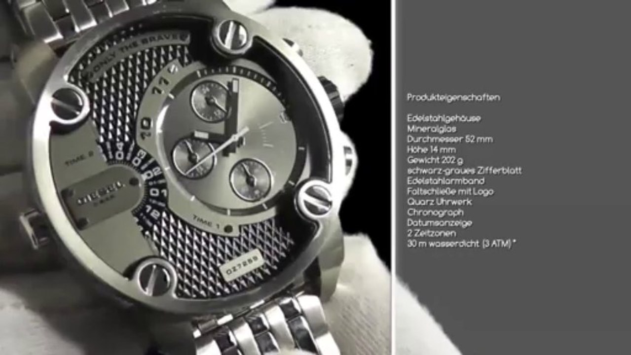 Diesel XL Herrenuhr 2 Zeitzonen Chronograph Quarz Uhr DZ7259 Edelstahlarmband