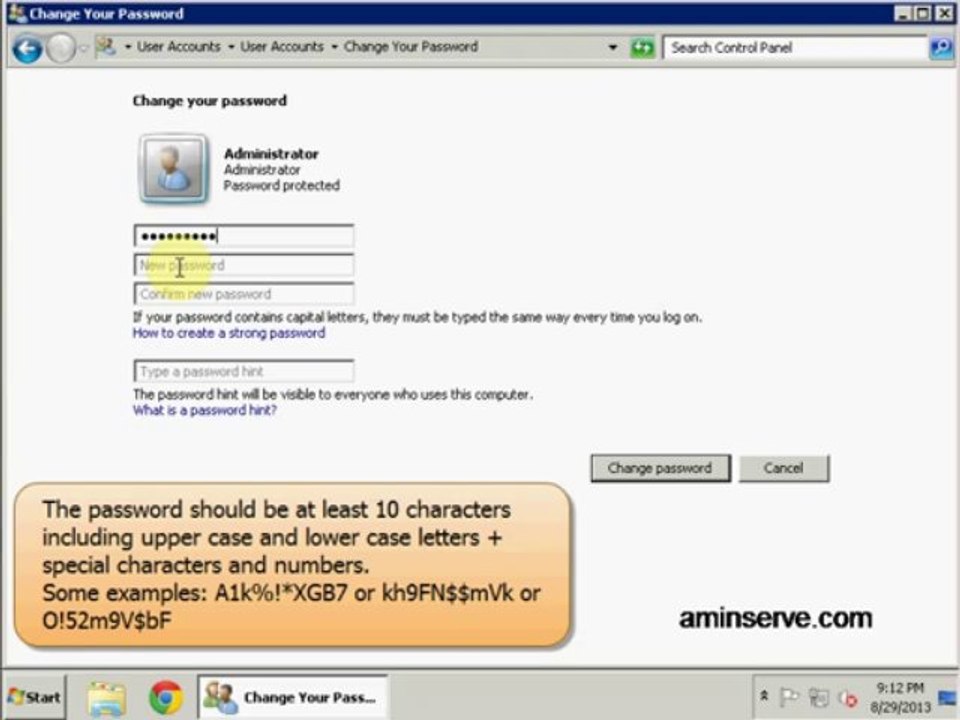 How to change Windows 2008 and RDP password
