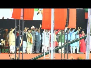 A view of the stage, with BJP's top leaders, set up for the mega rally