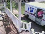 Lazy USPS worker drives her truck on house front lawn!! US Postal 2013