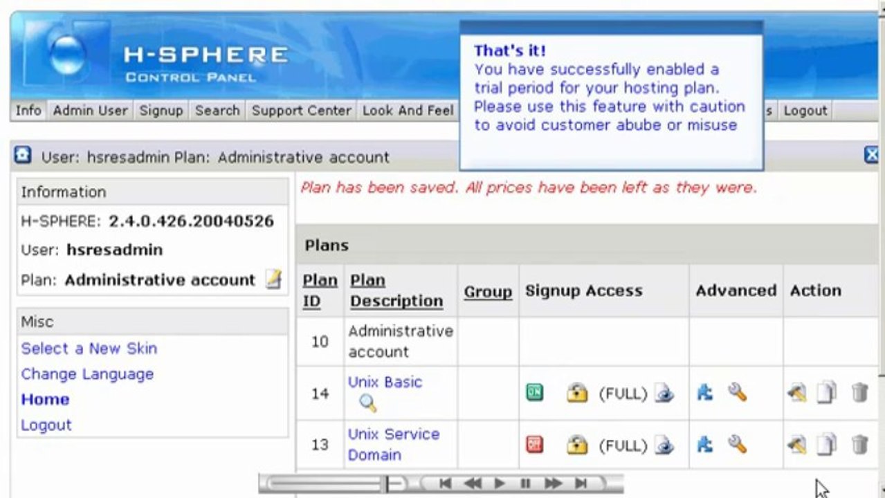 Configuring trail hosting plan in H-sphere - Reseller Guide - Host Department LLC