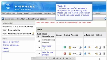 Configuring trail hosting plan in H-sphere - Reseller Guide - Host Department LLC
