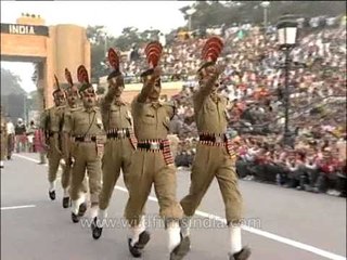 People cheering up the Indian Army men while marching, Wagah Border