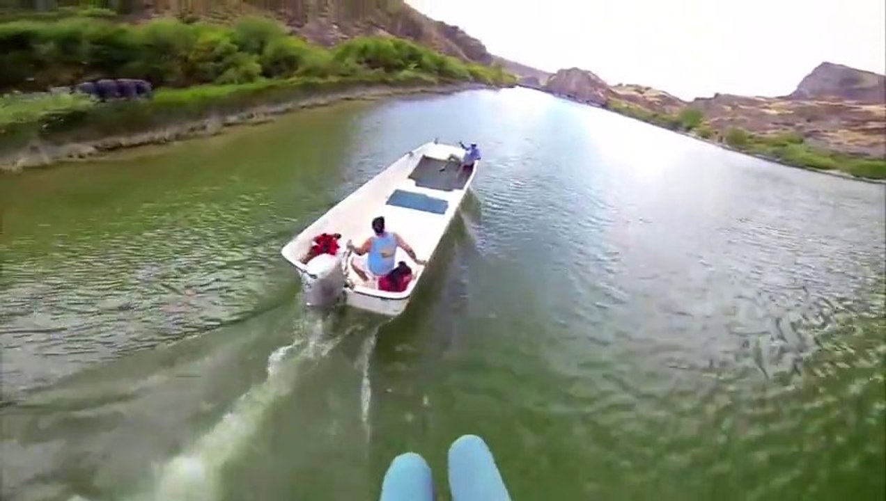 BASE Jump from a bridge to a small boat!! Marshall Miller - Gopro Bomb Squad
