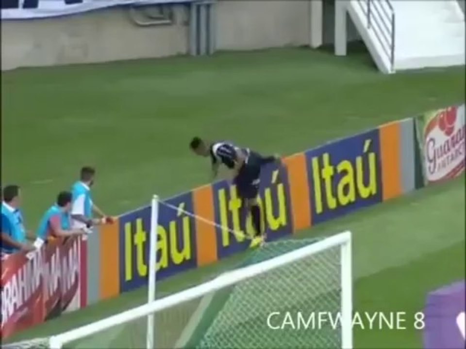 MICO Jogador Ratão, da Ponte Preta, após marcar gol contra o Flu, tropeça na placa de publicidade