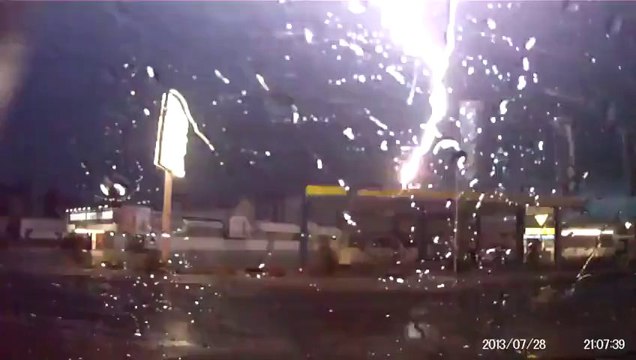 Violent storm and Lightning Strike hits gas station in Germany.