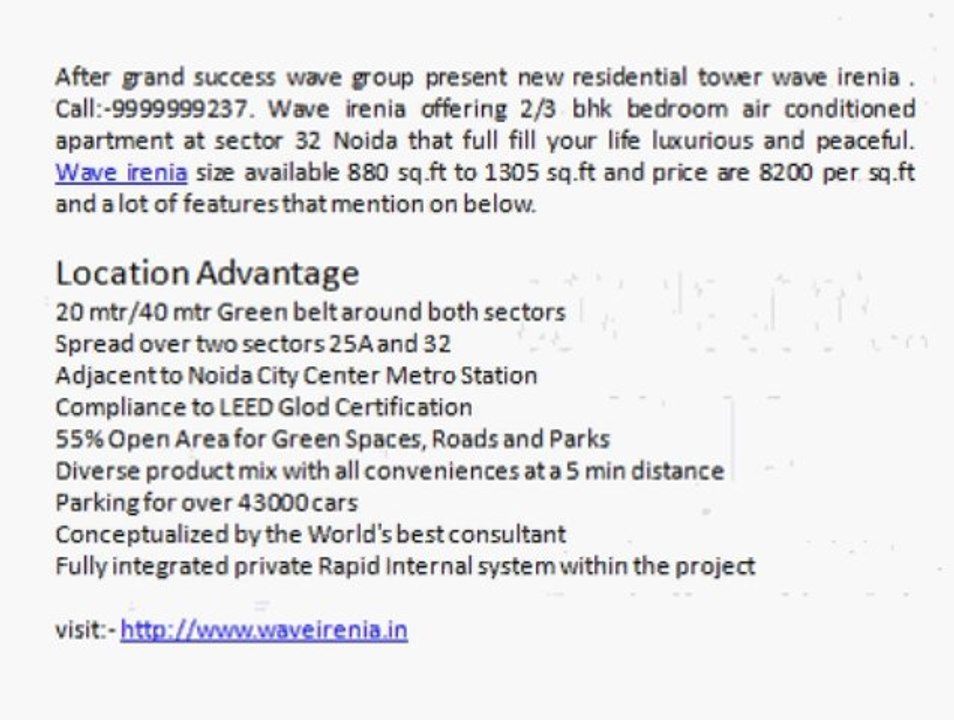 wave irenia noida @9999999237| wave city center irenia| wave irenia