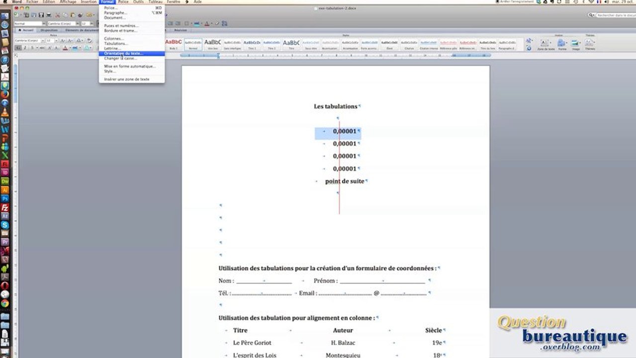 Tabulations sous word