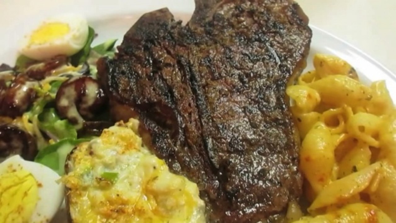 Dinner for Two: T-Bone Steaks, Loaded Baked Potatoes, and Teriyaki Shrimp Salad