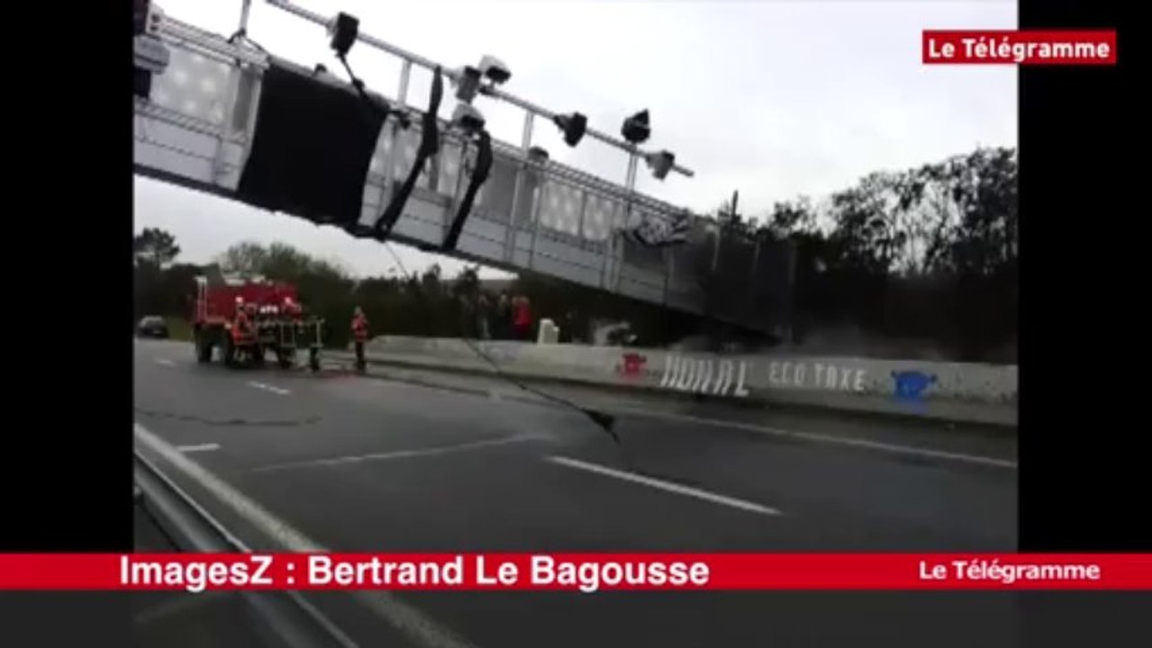 Saint-Allouestre. Incendié, le portique écotaxe s'effondre sur la RN24