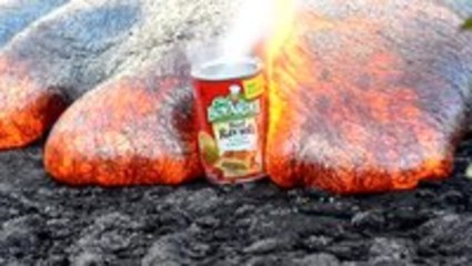 A ravioli container being swallowed by lava flow
