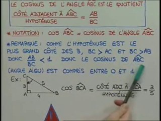 Le cosinus d'un angle dans le triangle rectangle