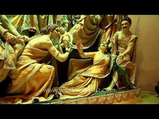 Various sculptures inside Durga Puja pandal in Kolkata