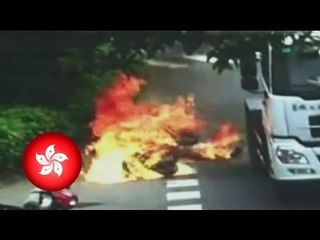 Horrific traffic accident caught on camera: scooter rider human fireball