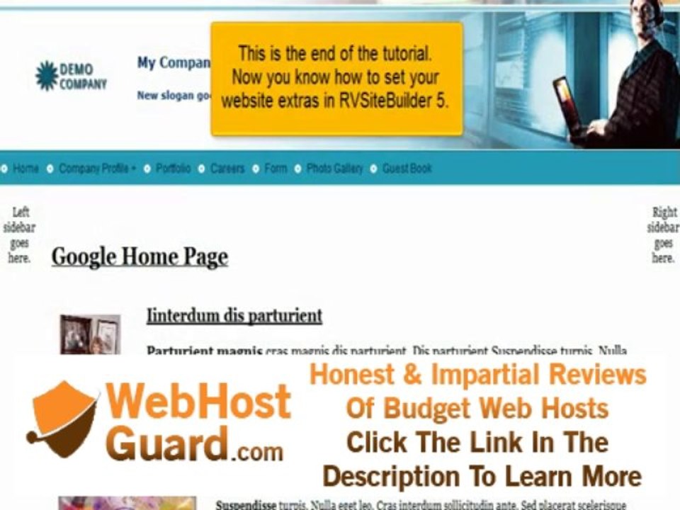 Configuring web site SEO extras in RV Sitebuilder 5 New. Web hosting Video Tutorial.