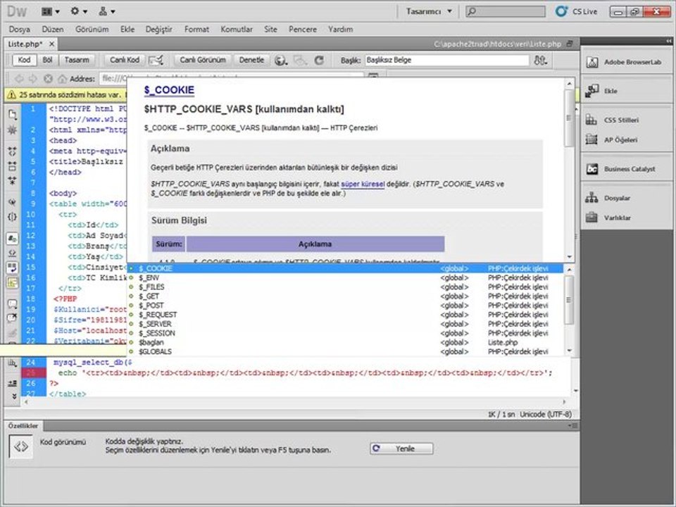Adobe Dreamweaver CS5 - PHP Liste,Arama,Silme