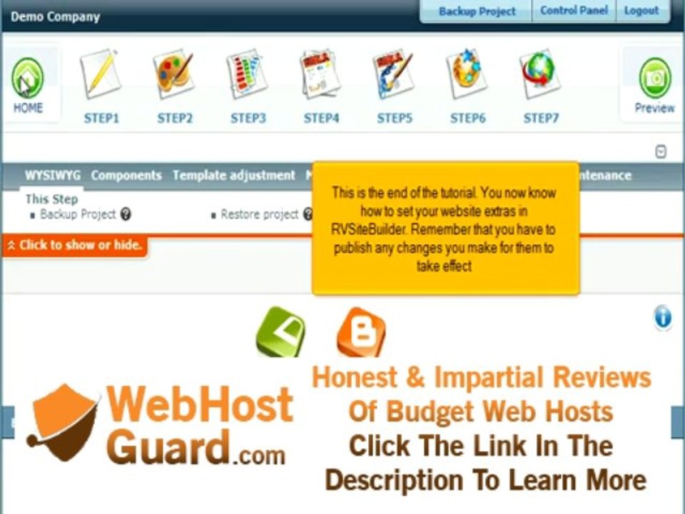 Web Hosting - Configuring site extras with RV Sitebuilder from www.oryon.net