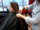 haircut on long brunette hair to a bob